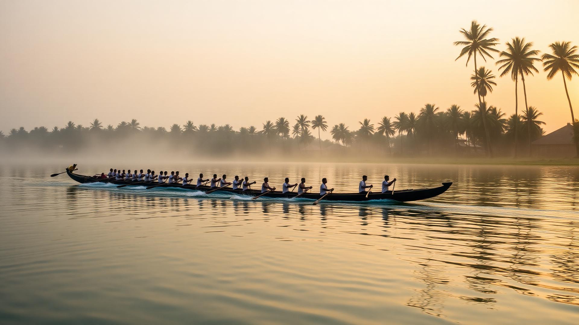 A Kerala chundan vallam gliding across Punnamada Lake at golden hour